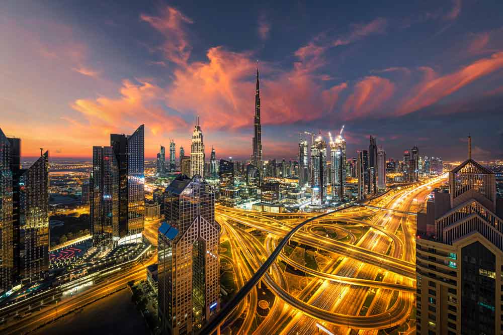 Sunset View Of Dubai Skyline Acrylic Prints