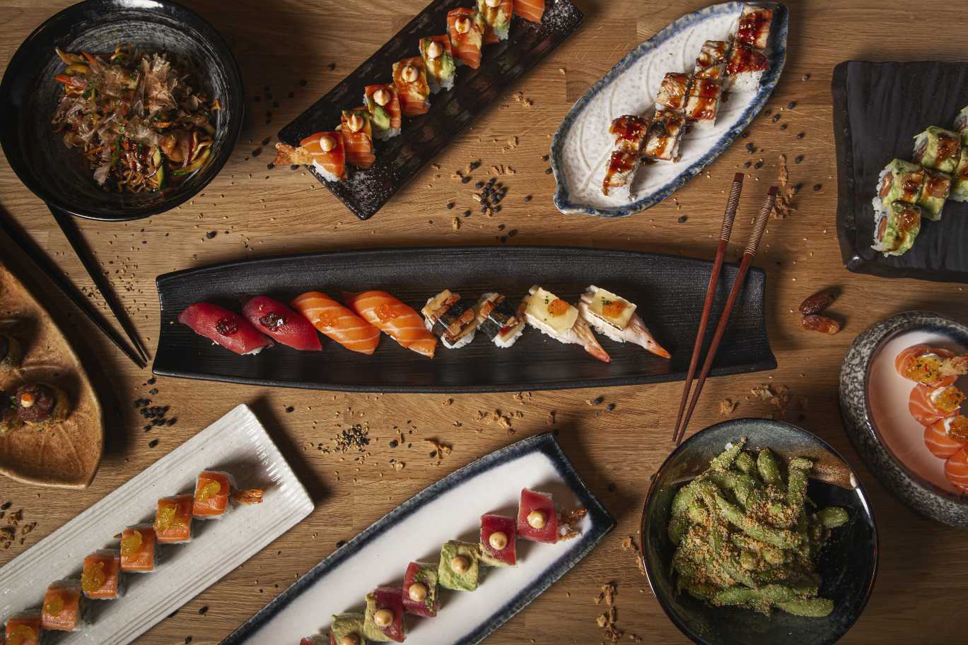 Sushi on Wooden Table