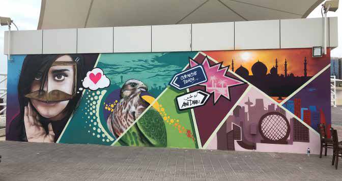 Custom Abu Dhabi graffiti street art mural with bold colors and Arabic cultural elements