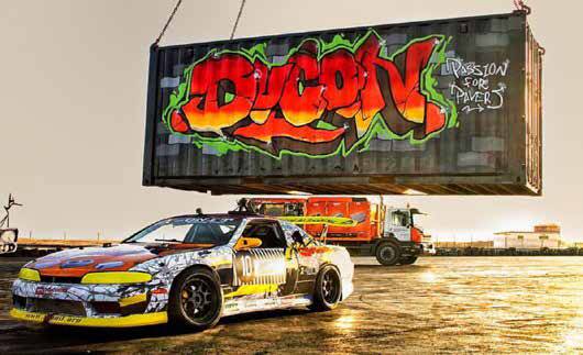 Dynamic car race graffiti artwork . urban street style perfect for motorsport-themed interiors.