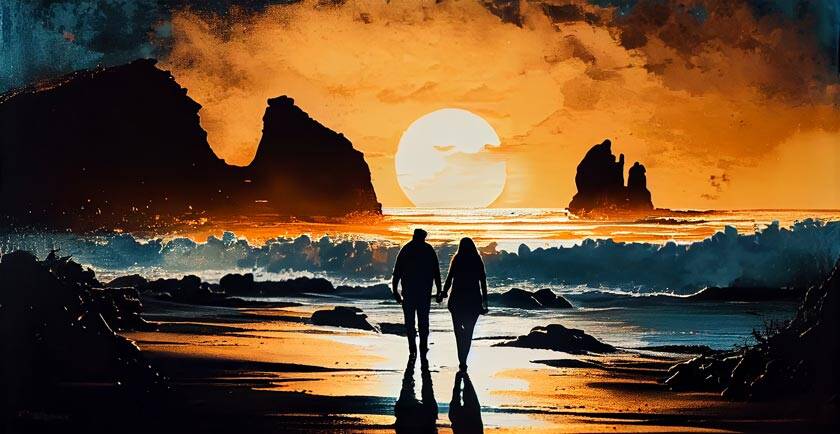 Silhouette Couple Standing Watching Tranquil Sunset