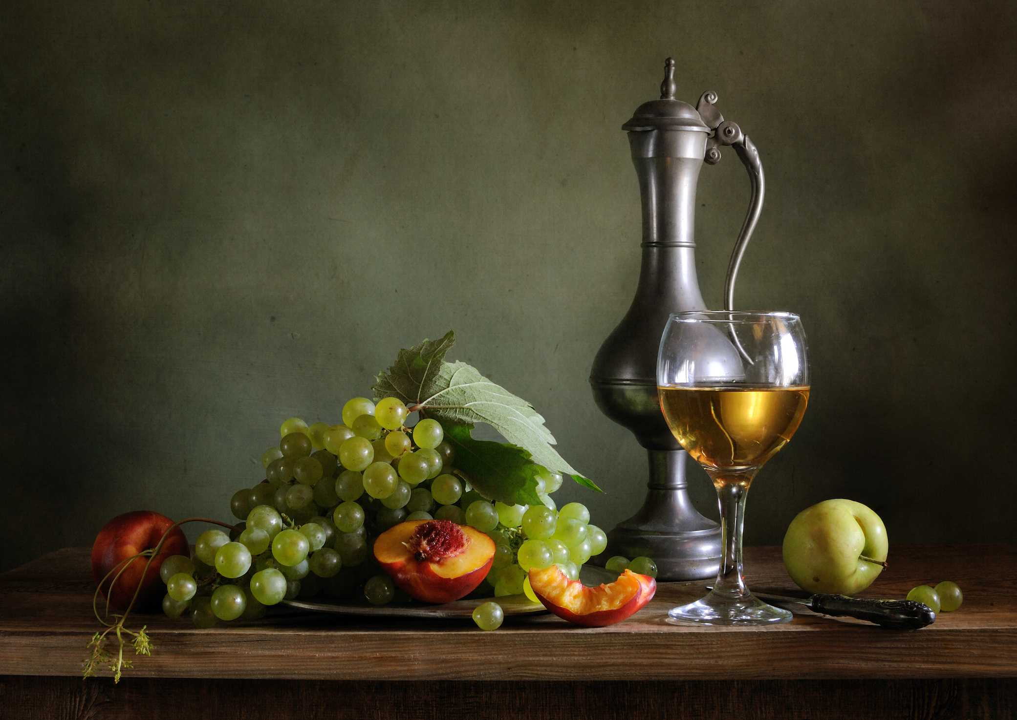 Still life with green grapes vintage