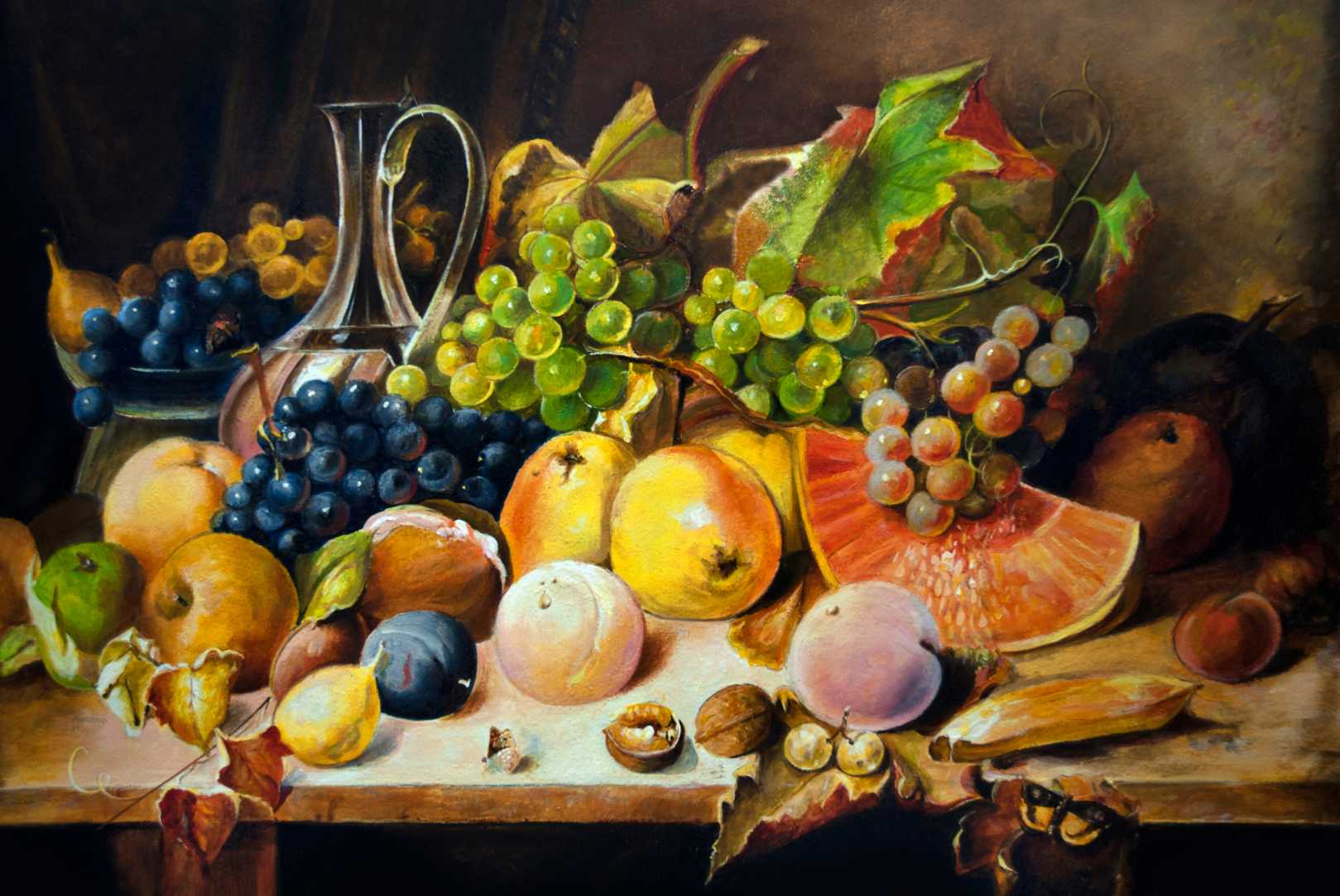 Still life with peaches and grapes